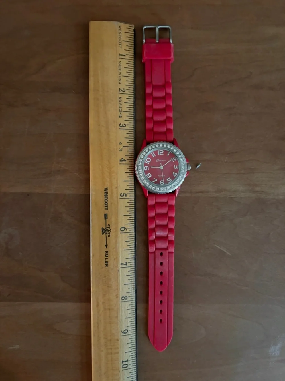 Geneva Platinum Red Dial Crystal Bezel Red Rubber Band Watch - needs Battery